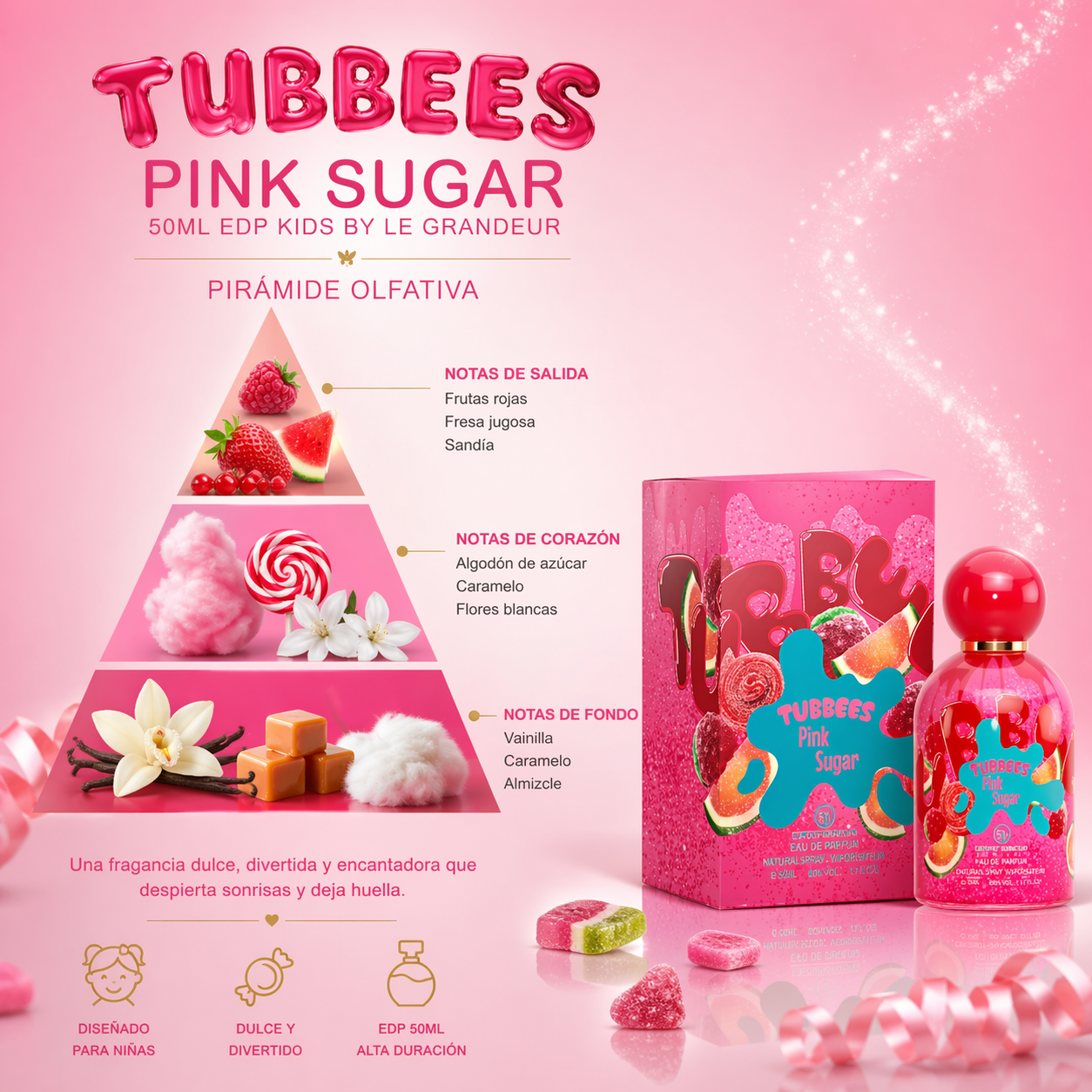 Le Grandeur Tubbees Pink Sugar - Eau de Parfum para Niños, 50 ml