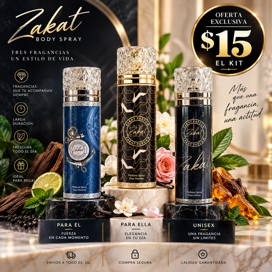 Kit Zakat Body Spray 3 Fragancias para Hombre, Mujer y Unisex